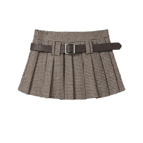 Retro Bird Grid Pleated Skirt Women High Waist A Line Hip Hugging Short Skirt Autumn Spicy Girl Style (Houndstooth