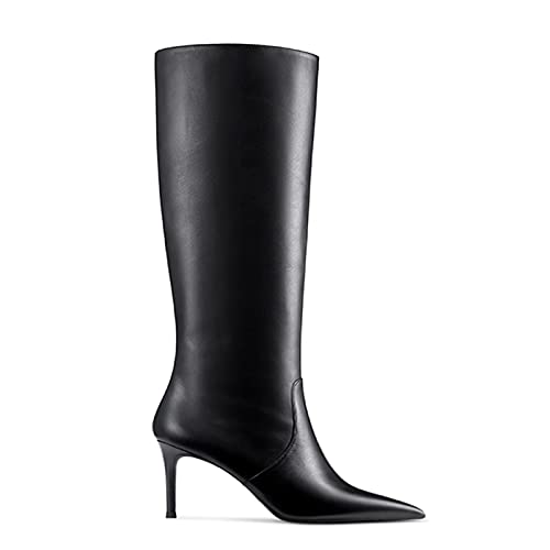 ATAX Women's Pointed Toe Knee High Fashion High Heel Matte Leather Boots Wide Calf Mid Heel Boot Black Matte Size 6