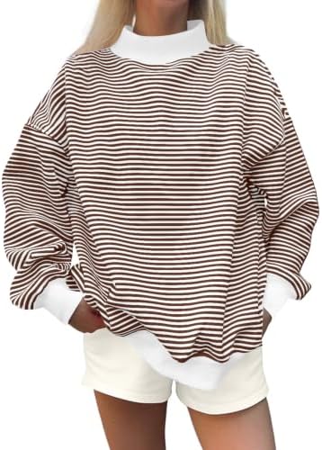 TERIVEEK Women Mock Neck Sweatshirt Oversized Mockneck Striped Long Sleeve Pullover 2026 Fall Spring Casual Lounge Tops
