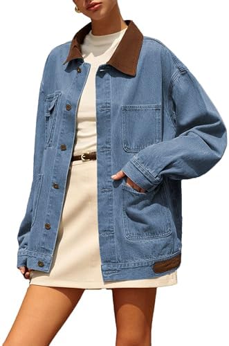 Zontroldy Women's Contrast Collar Denim Jacket Button Down Oversized Jean Shacket Jackets Coat with Pockets