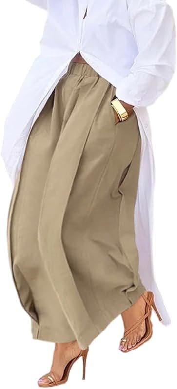 UOOZEE Women's Cotton Elastic High Waisted Pants Loose Fit Wide Leg Pleated Fall Winter Palazzo Trousers with Pockets