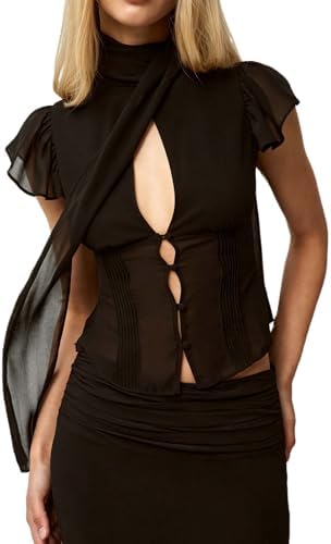 Women Cinched Waist Scarf Top Mock Neck Keyhole Button Down Shirt Flowy Ruffle Sleeve Peplum Concert Going Out Tops