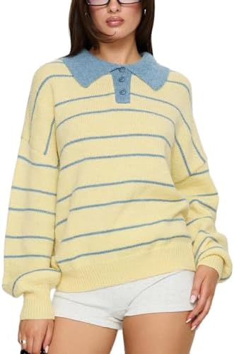 Women Y2K Striped Print Polo Sweater Long Sleeve Lapel Collar Loose Fit Knit Top Vintage Oversized Preppy Knitwear