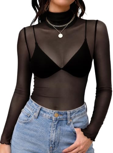 OFEEFAN Womens Mesh Top Long Sleeve Turtleneck Sheer Blouses See Through Tee Shirts Undershirt