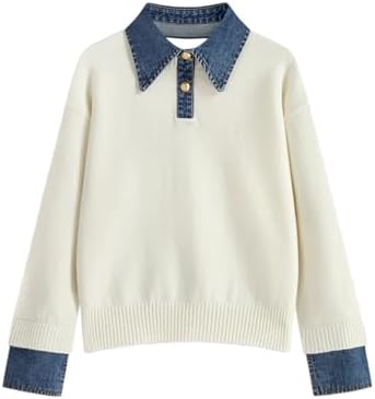 Womens Fall Oversized Long Sleeve Sweaters 2 in 1 Denim Panel Lapel Sweater Polo Knit Sweater Tops