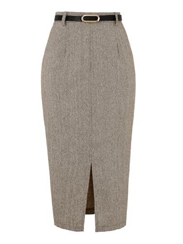 Allegra K Women Fall High Waisted Midi Pencil Skirt for Work Office Brown