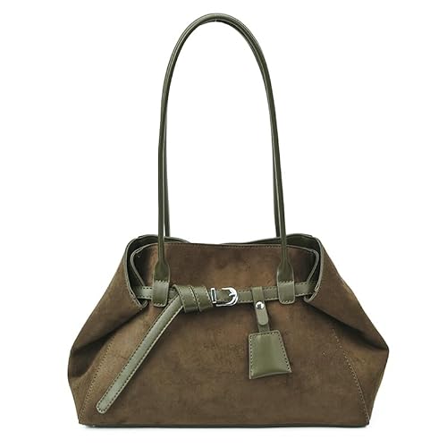 Women Faux Suede Tote Bag Solid Color Shoulder Bag Large Capacity (Green)