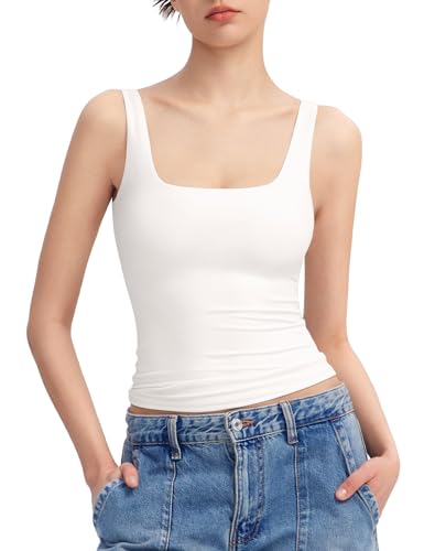 PUMIEY White Tank Tops for Women Square Neck Sleeveless Summer Tops