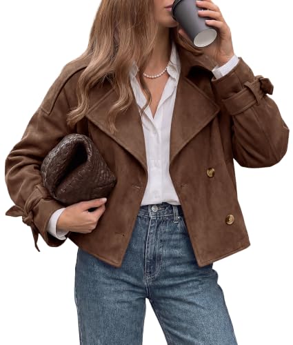 PRETTYGARDEN Women Faux Suede Double Breasted Trench Coat Cropped Jackets