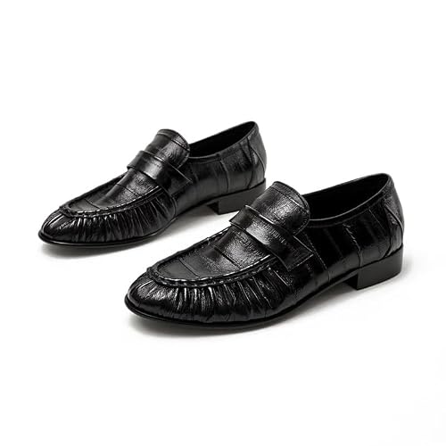 Women Black Eel Pattern Leather Penny Loafers –Low Heel Slip On Dress Shoes