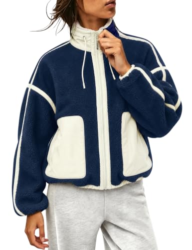 Omoone Womens Sherpa Fleece Jacket Color Block Contrast Trim Zip Up Coat(Navy-XL)